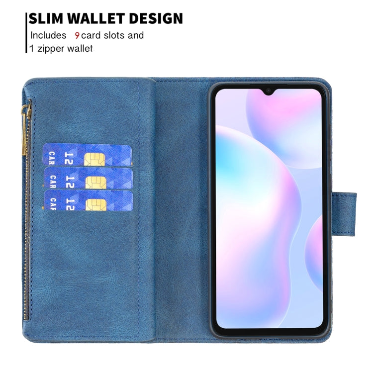 For Xiaomi Redmi 9A Flying Butterfly Embossing Pattern Zipper Horizontal Flip Leather Case with Holder & Card Slots & Wallet