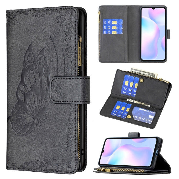 For Xiaomi Redmi 9A Flying Butterfly Embossing Pattern Zipper Horizontal Flip Leather Case with Holder & Card Slots & Wallet