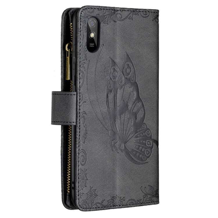 For Xiaomi Redmi 9A Flying Butterfly Embossing Pattern Zipper Horizontal Flip Leather Case with Holder & Card Slots & Wallet