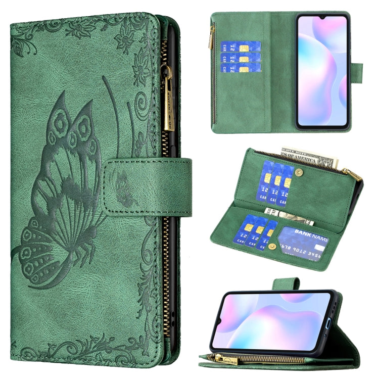 For Xiaomi Redmi 9A Flying Butterfly Embossing Pattern Zipper Horizontal Flip Leather Case with Holder & Card Slots & Wallet