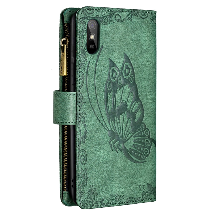 For Xiaomi Redmi 9A Flying Butterfly Embossing Pattern Zipper Horizontal Flip Leather Case with Holder & Card Slots & Wallet