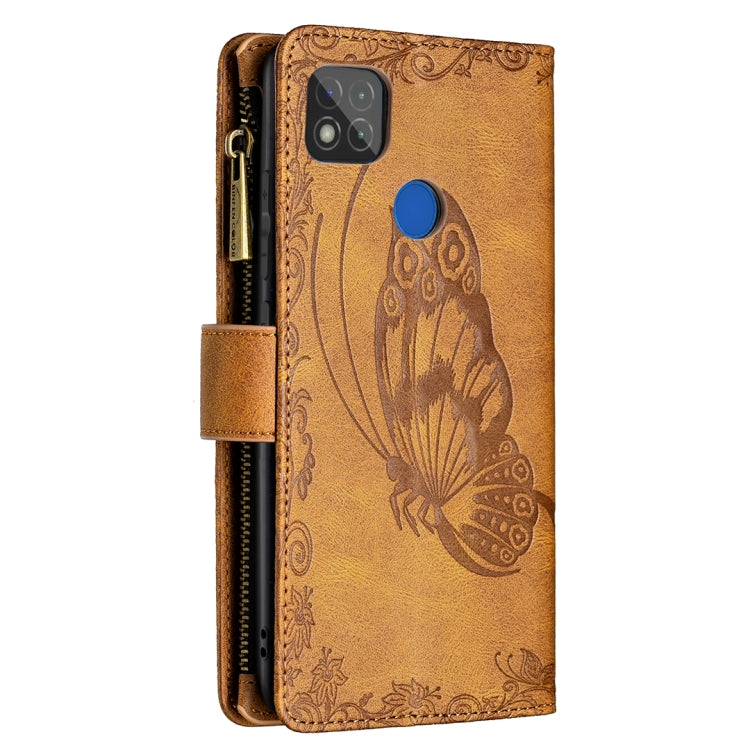 For Xiaomi Redmi 9C Flying Butterfly Embossing Pattern Zipper Horizontal Flip Leather Case with Holder & Card Slots & Wallet