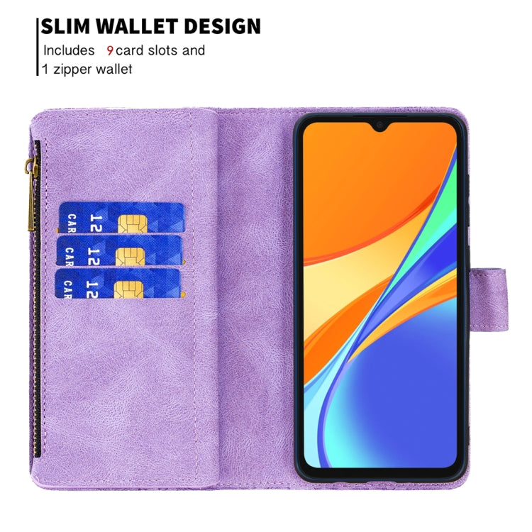 For Xiaomi Redmi 9C Flying Butterfly Embossing Pattern Zipper Horizontal Flip Leather Case with Holder & Card Slots & Wallet