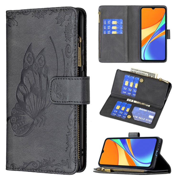For Xiaomi Redmi 9C Flying Butterfly Embossing Pattern Zipper Horizontal Flip Leather Case with Holder & Card Slots & Wallet