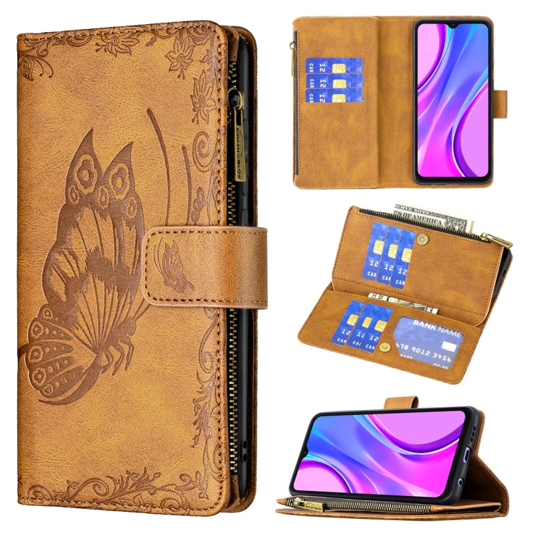 For Xiaomi Redmi 9 Flying Butterfly Embossing Pattern Zipper Horizontal Flip Leather Case with Holder & Card Slots & Wallet
