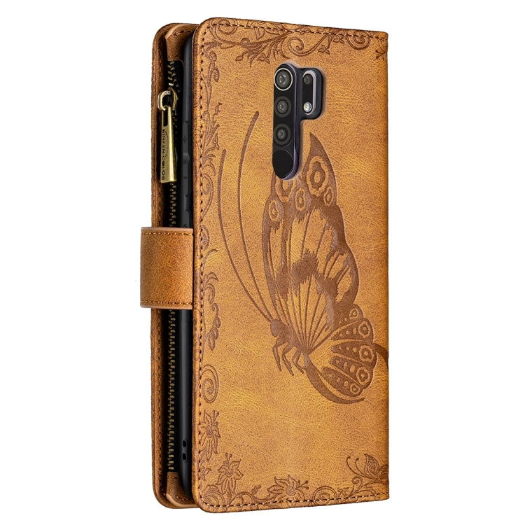 For Xiaomi Redmi 9 Flying Butterfly Embossing Pattern Zipper Horizontal Flip Leather Case with Holder & Card Slots & Wallet