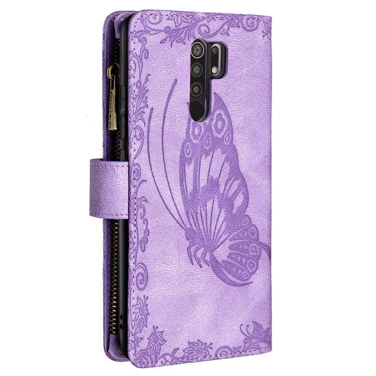 For Xiaomi Redmi 9 Flying Butterfly Embossing Pattern Zipper Horizontal Flip Leather Case with Holder & Card Slots & Wallet