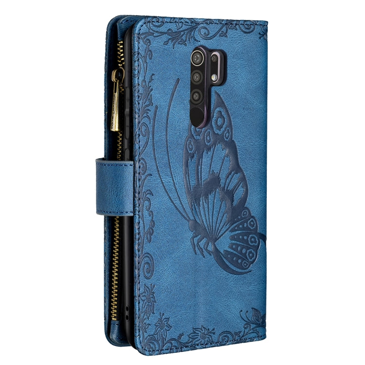 For Xiaomi Redmi 9 Flying Butterfly Embossing Pattern Zipper Horizontal Flip Leather Case with Holder & Card Slots & Wallet