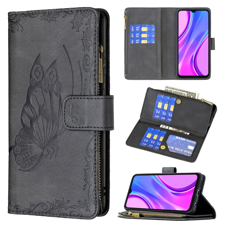 For Xiaomi Redmi 9 Flying Butterfly Embossing Pattern Zipper Horizontal Flip Leather Case with Holder & Card Slots & Wallet