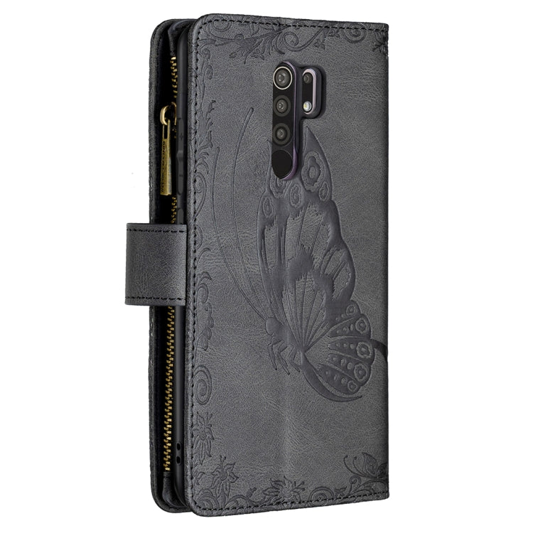For Xiaomi Redmi 9 Flying Butterfly Embossing Pattern Zipper Horizontal Flip Leather Case with Holder & Card Slots & Wallet