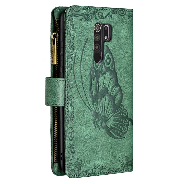 For Xiaomi Redmi 9 Flying Butterfly Embossing Pattern Zipper Horizontal Flip Leather Case with Holder & Card Slots & Wallet