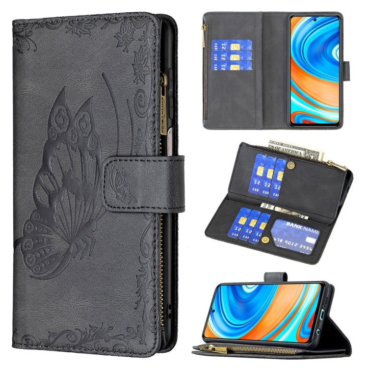 For Xiaomi Redmi Note 9 Pro Max Flying Butterfly Embossing Pattern Zipper Horizontal Flip Leather Case with Holder & Card Slots & Wallet