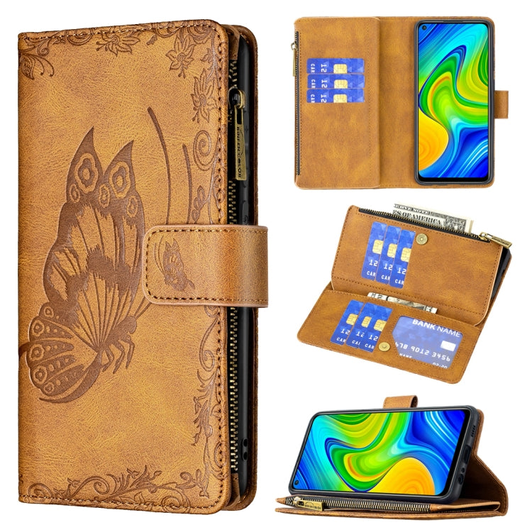 For Xiaomi Redmi Note 9 Flying Butterfly Embossing Pattern Zipper Horizontal Flip Leather Case with Holder & Card Slots & Wallet
