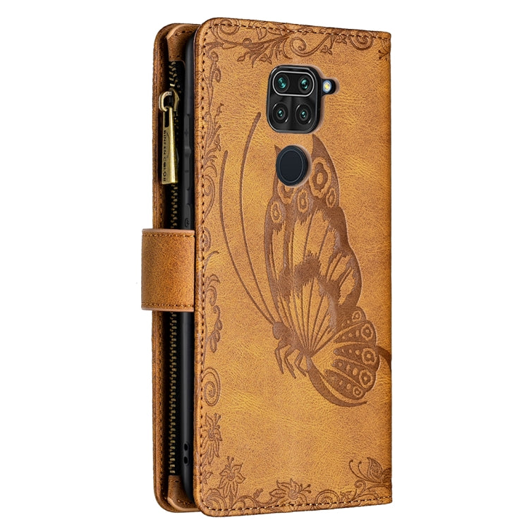 For Xiaomi Redmi Note 9 Flying Butterfly Embossing Pattern Zipper Horizontal Flip Leather Case with Holder & Card Slots & Wallet