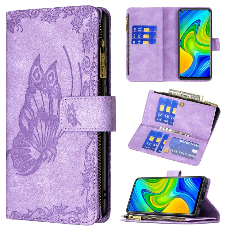 For Xiaomi Redmi Note 9 Flying Butterfly Embossing Pattern Zipper Horizontal Flip Leather Case with Holder & Card Slots & Wallet