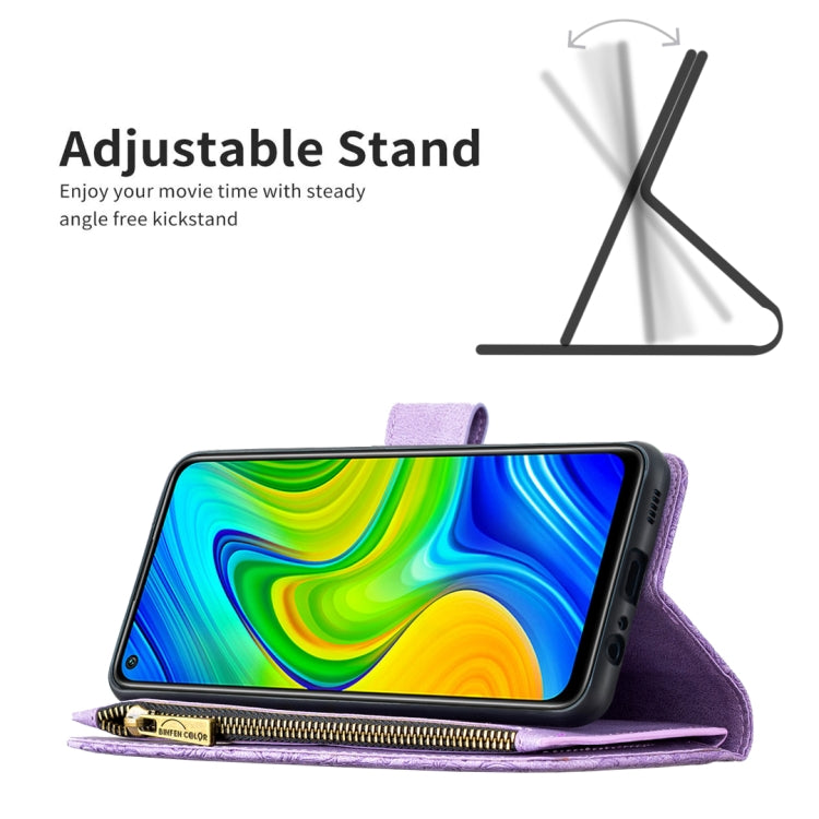 For Xiaomi Redmi Note 9 Flying Butterfly Embossing Pattern Zipper Horizontal Flip Leather Case with Holder & Card Slots & Wallet