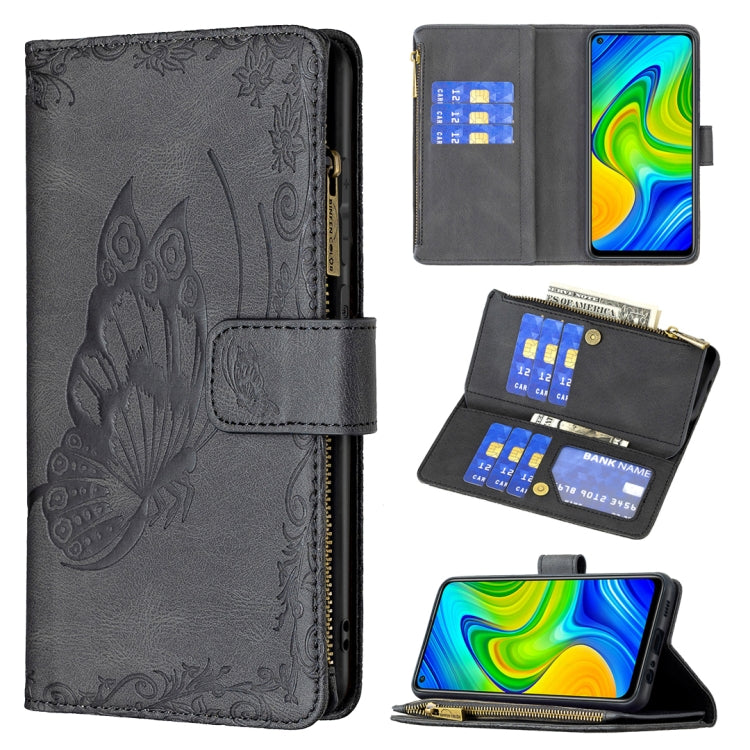 For Xiaomi Redmi Note 9 Flying Butterfly Embossing Pattern Zipper Horizontal Flip Leather Case with Holder & Card Slots & Wallet