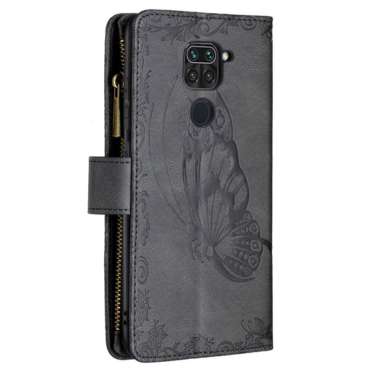 For Xiaomi Redmi Note 9 Flying Butterfly Embossing Pattern Zipper Horizontal Flip Leather Case with Holder & Card Slots & Wallet