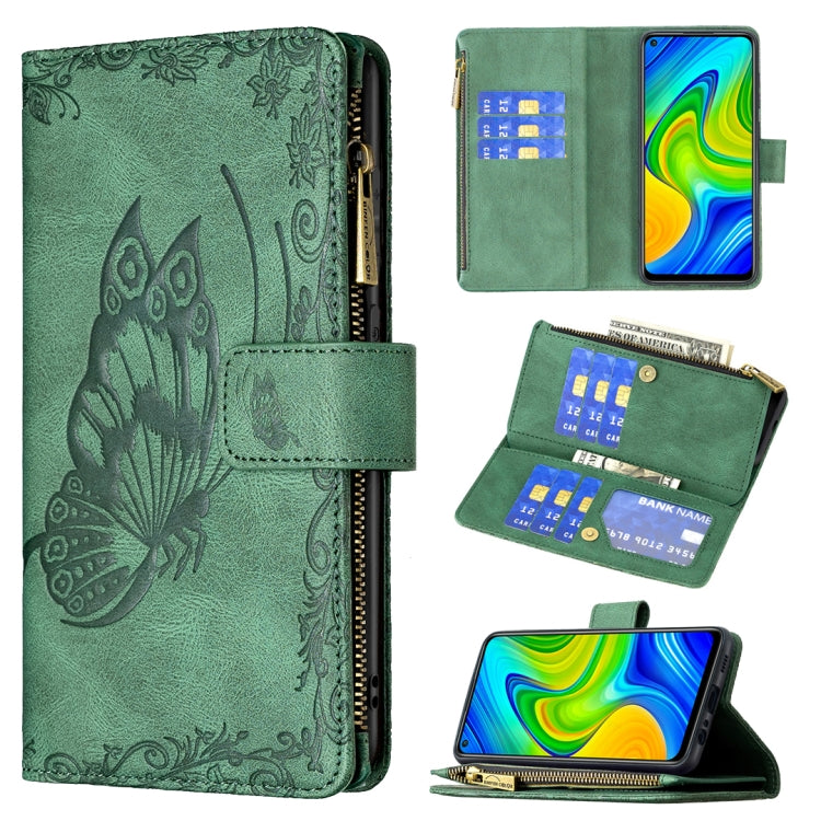 For Xiaomi Redmi Note 9 Flying Butterfly Embossing Pattern Zipper Horizontal Flip Leather Case with Holder & Card Slots & Wallet