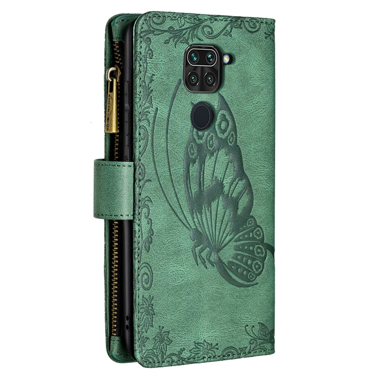 For Xiaomi Redmi Note 9 Flying Butterfly Embossing Pattern Zipper Horizontal Flip Leather Case with Holder & Card Slots & Wallet