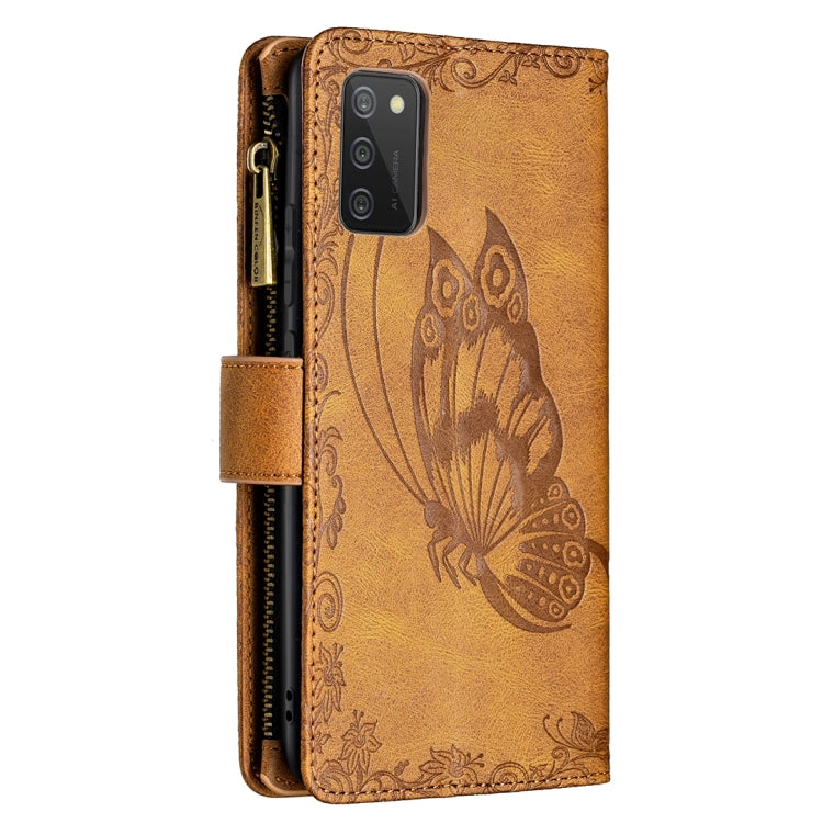 For Samsung Galaxy A02s Flying Butterfly Embossing Pattern Zipper Horizontal Flip Leather Case with Holder & Card Slots & Wallet