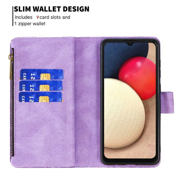 For Samsung Galaxy A02s Flying Butterfly Embossing Pattern Zipper Horizontal Flip Leather Case with Holder & Card Slots & Wallet