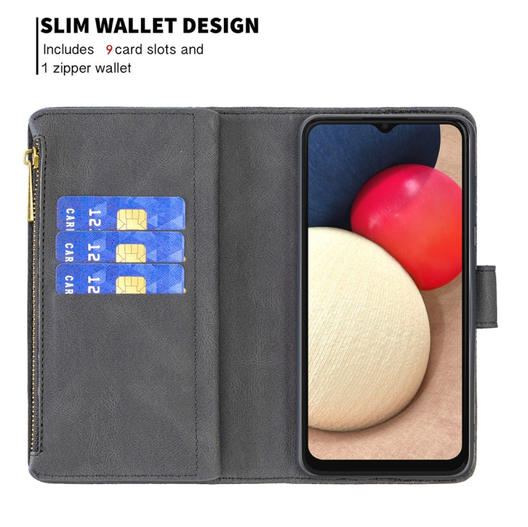 For Samsung Galaxy A02s Flying Butterfly Embossing Pattern Zipper Horizontal Flip Leather Case with Holder & Card Slots & Wallet