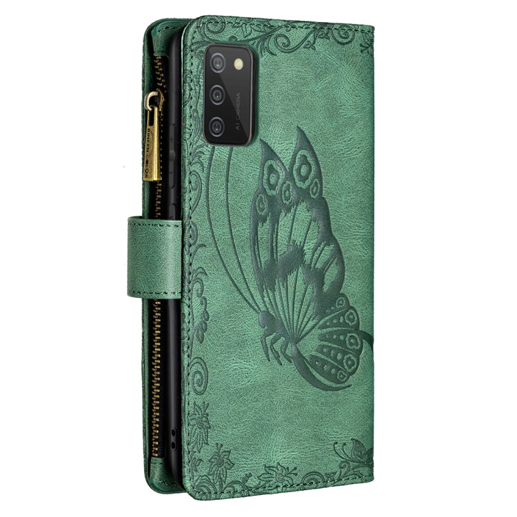 For Samsung Galaxy A02s Flying Butterfly Embossing Pattern Zipper Horizontal Flip Leather Case with Holder & Card Slots & Wallet