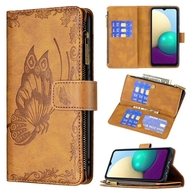 For Samsung Galaxy A02 Flying Butterfly Embossing Pattern Zipper Horizontal Flip Leather Case with Holder & Card Slots & Wallet