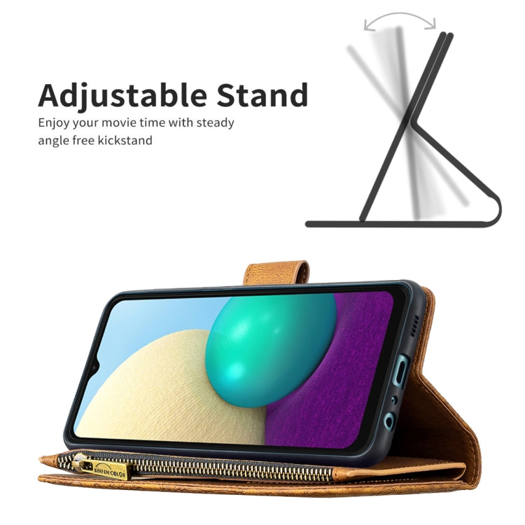 For Samsung Galaxy A02 Flying Butterfly Embossing Pattern Zipper Horizontal Flip Leather Case with Holder & Card Slots & Wallet