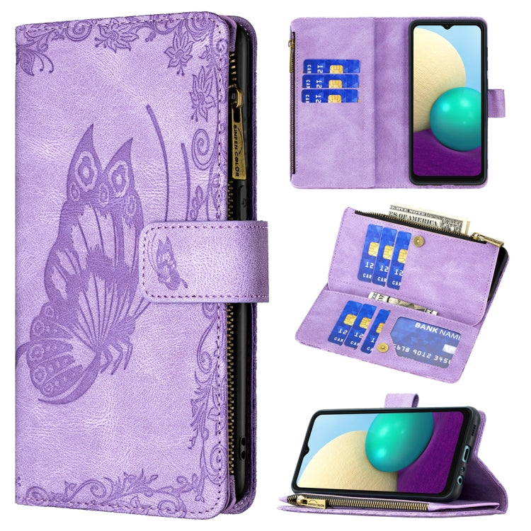 For Samsung Galaxy A02 Flying Butterfly Embossing Pattern Zipper Horizontal Flip Leather Case with Holder & Card Slots & Wallet
