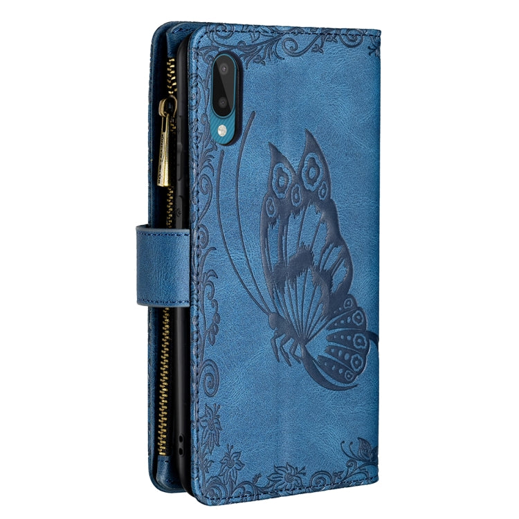 For Samsung Galaxy A02 Flying Butterfly Embossing Pattern Zipper Horizontal Flip Leather Case with Holder & Card Slots & Wallet
