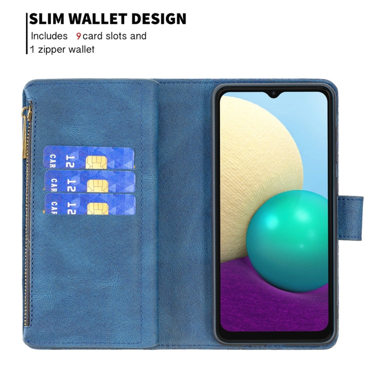 For Samsung Galaxy A02 Flying Butterfly Embossing Pattern Zipper Horizontal Flip Leather Case with Holder & Card Slots & Wallet