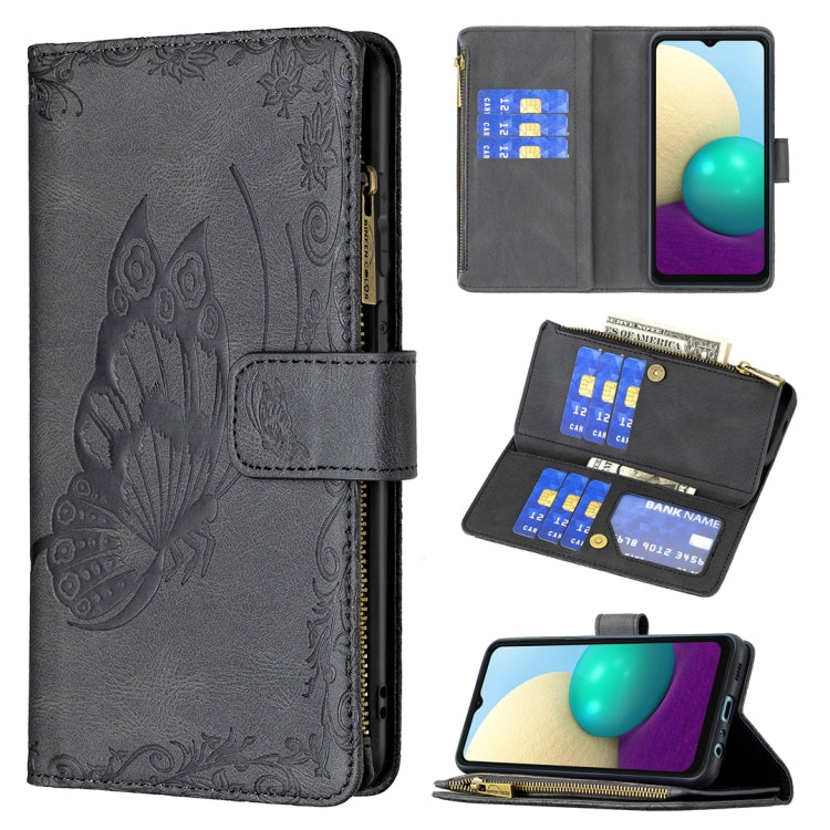 For Samsung Galaxy A02 Flying Butterfly Embossing Pattern Zipper Horizontal Flip Leather Case with Holder & Card Slots & Wallet