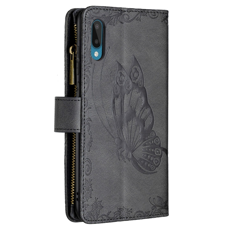 For Samsung Galaxy A02 Flying Butterfly Embossing Pattern Zipper Horizontal Flip Leather Case with Holder & Card Slots & Wallet