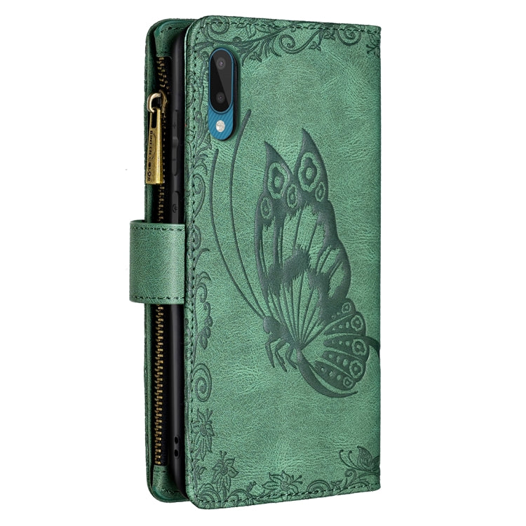 For Samsung Galaxy A02 Flying Butterfly Embossing Pattern Zipper Horizontal Flip Leather Case with Holder & Card Slots & Wallet