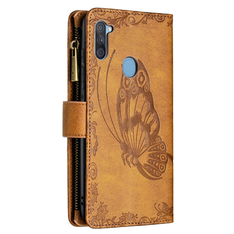 For Samsung Galaxy A11 Flying Butterfly Embossing Pattern Zipper Horizontal Flip Leather Case with Holder & Card Slots & Wallet