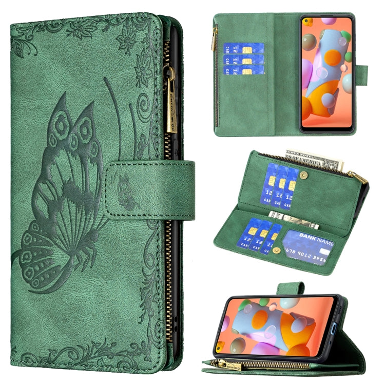 For Samsung Galaxy A11 Flying Butterfly Embossing Pattern Zipper Horizontal Flip Leather Case with Holder & Card Slots & Wallet
