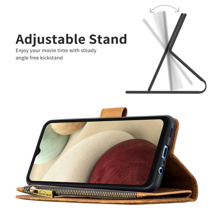 For Samsung Galaxy A12 Flying Butterfly Embossing Pattern Zipper Horizontal Flip Leather Case with Holder & Card Slots & Wallet