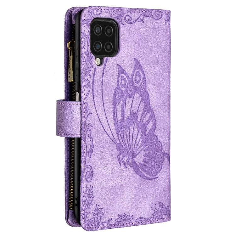 For Samsung Galaxy A12 Flying Butterfly Embossing Pattern Zipper Horizontal Flip Leather Case with Holder & Card Slots & Wallet