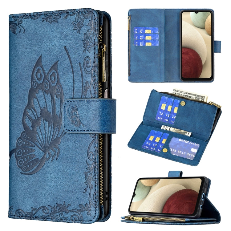 For Samsung Galaxy A12 Flying Butterfly Embossing Pattern Zipper Horizontal Flip Leather Case with Holder & Card Slots & Wallet