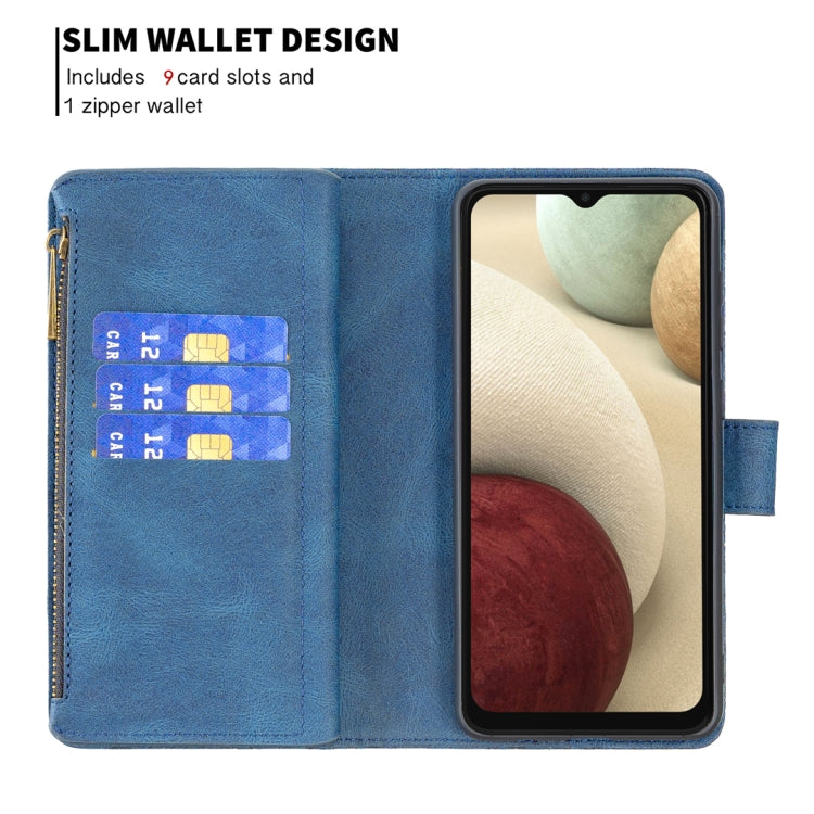 For Samsung Galaxy A12 Flying Butterfly Embossing Pattern Zipper Horizontal Flip Leather Case with Holder & Card Slots & Wallet