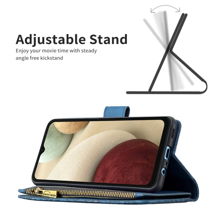 For Samsung Galaxy A12 Flying Butterfly Embossing Pattern Zipper Horizontal Flip Leather Case with Holder & Card Slots & Wallet