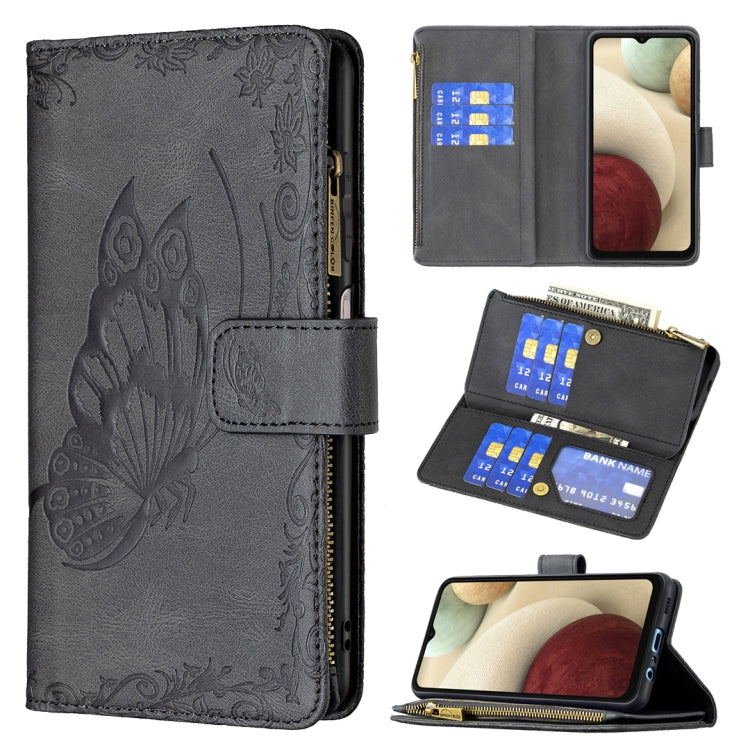For Samsung Galaxy A12 Flying Butterfly Embossing Pattern Zipper Horizontal Flip Leather Case with Holder & Card Slots & Wallet