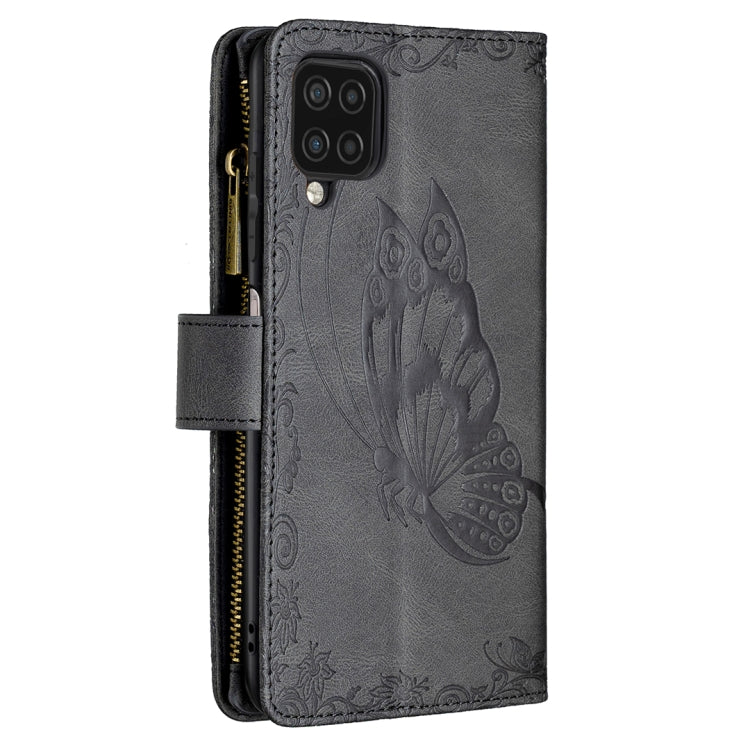For Samsung Galaxy A12 Flying Butterfly Embossing Pattern Zipper Horizontal Flip Leather Case with Holder & Card Slots & Wallet