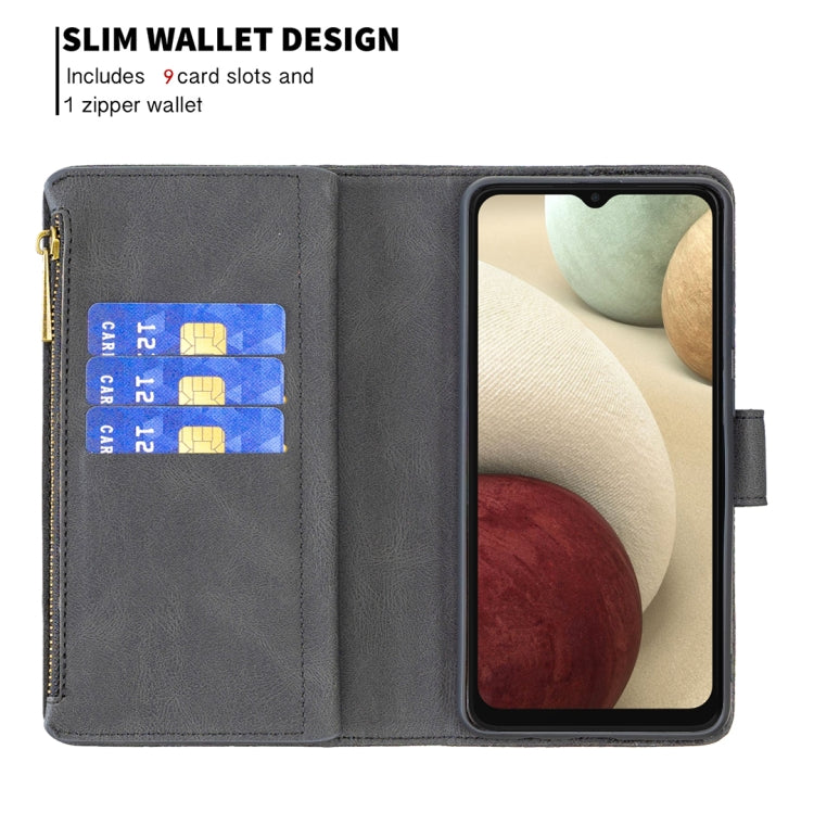 For Samsung Galaxy A12 Flying Butterfly Embossing Pattern Zipper Horizontal Flip Leather Case with Holder & Card Slots & Wallet