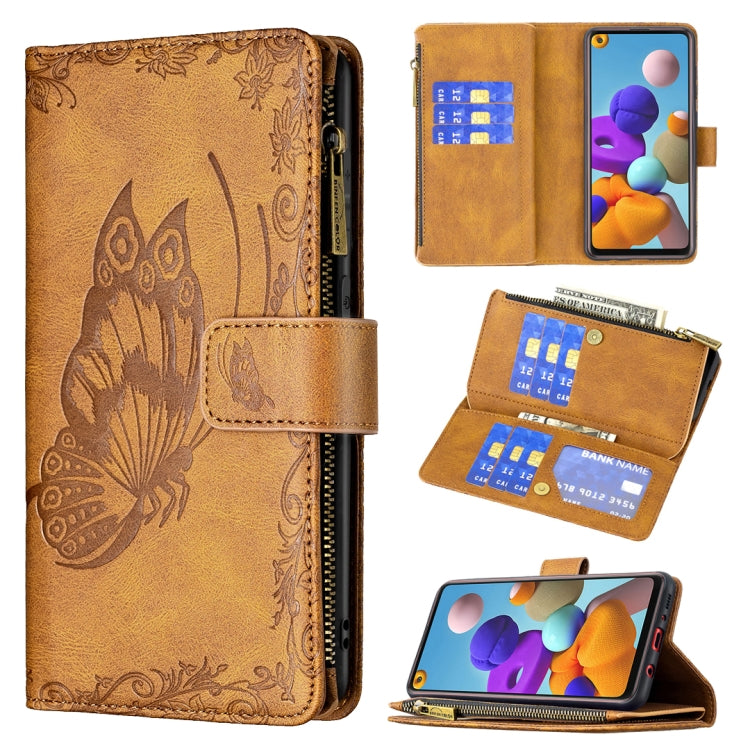 For Samsung Galaxy A21s Flying Butterfly Embossing Pattern Zipper Horizontal Flip Leather Case with Holder & Card Slots & Wallet