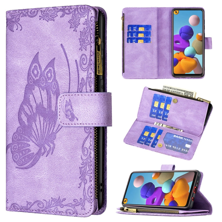 For Samsung Galaxy A21s Flying Butterfly Embossing Pattern Zipper Horizontal Flip Leather Case with Holder & Card Slots & Wallet