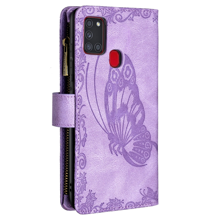 For Samsung Galaxy A21s Flying Butterfly Embossing Pattern Zipper Horizontal Flip Leather Case with Holder & Card Slots & Wallet
