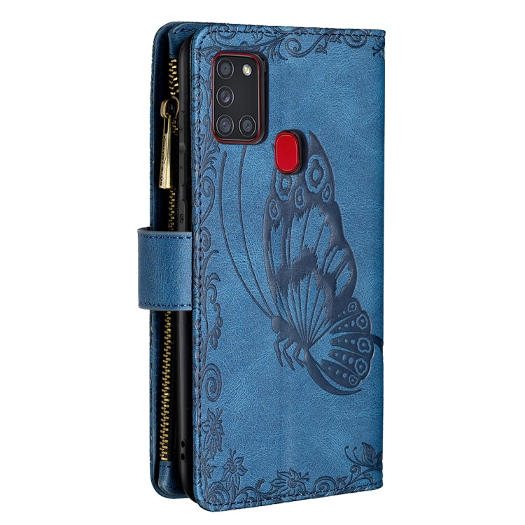 For Samsung Galaxy A21s Flying Butterfly Embossing Pattern Zipper Horizontal Flip Leather Case with Holder & Card Slots & Wallet